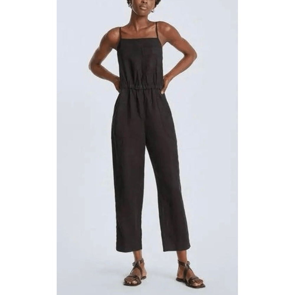 EVERLANE The Linen Shoestring Jumpsuit Women Small Black Apron Neck Sleeveless